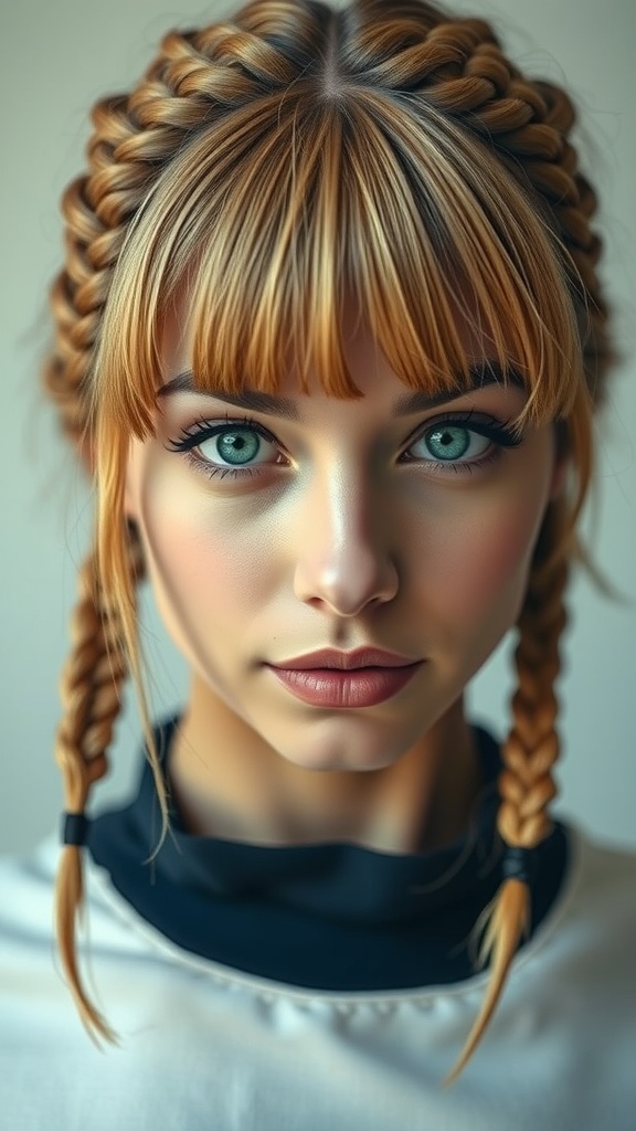 A young woman with braided bangs and two braids on either side of her head, showcasing a vintage-inspired hairstyle.