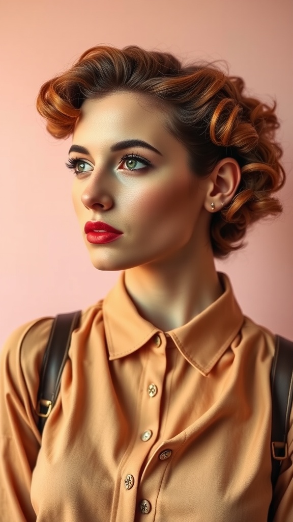 A woman with vintage-inspired short curly hairstyle, looking elegant with red lips and a stylish outfit.