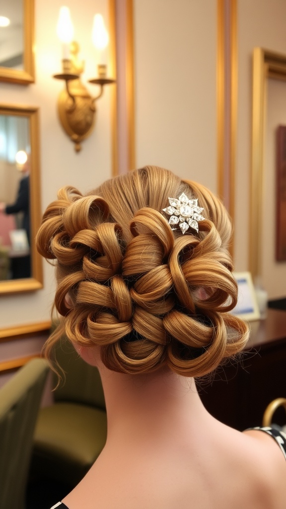A vintage-inspired curly updo hairstyle featuring golden curls and a decorative clip.