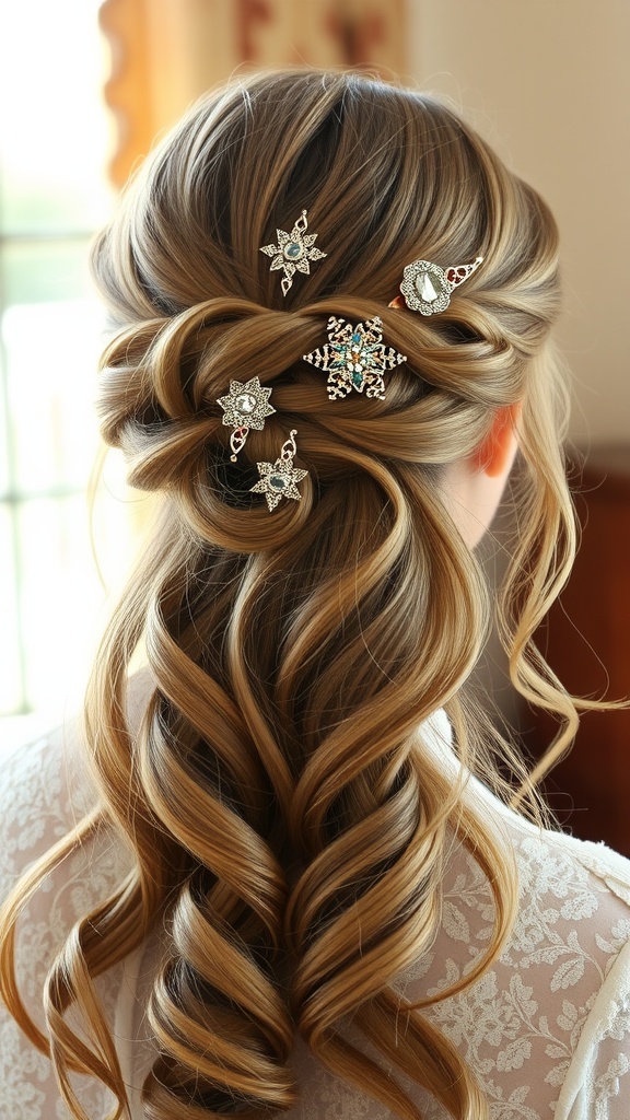 A vintage-inspired down wedding hairstyle featuring soft curls and decorative retro clips.