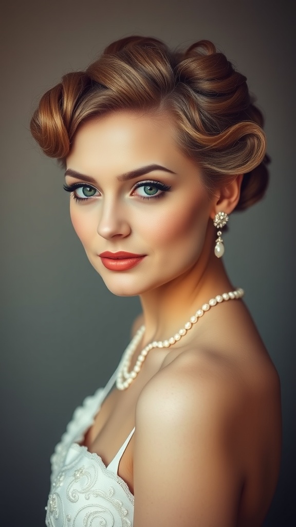 A bride with vintage-inspired finger waves, wearing a pearl necklace and earrings, showcasing an elegant hairstyle.