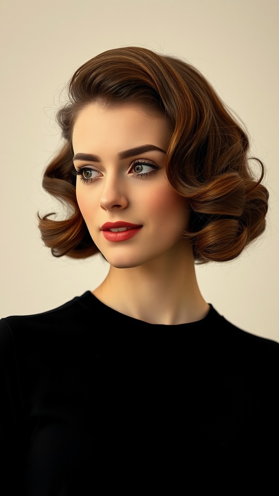 A woman with short hair styled in vintage finger waves, showcasing a glamorous and classic hairstyle.