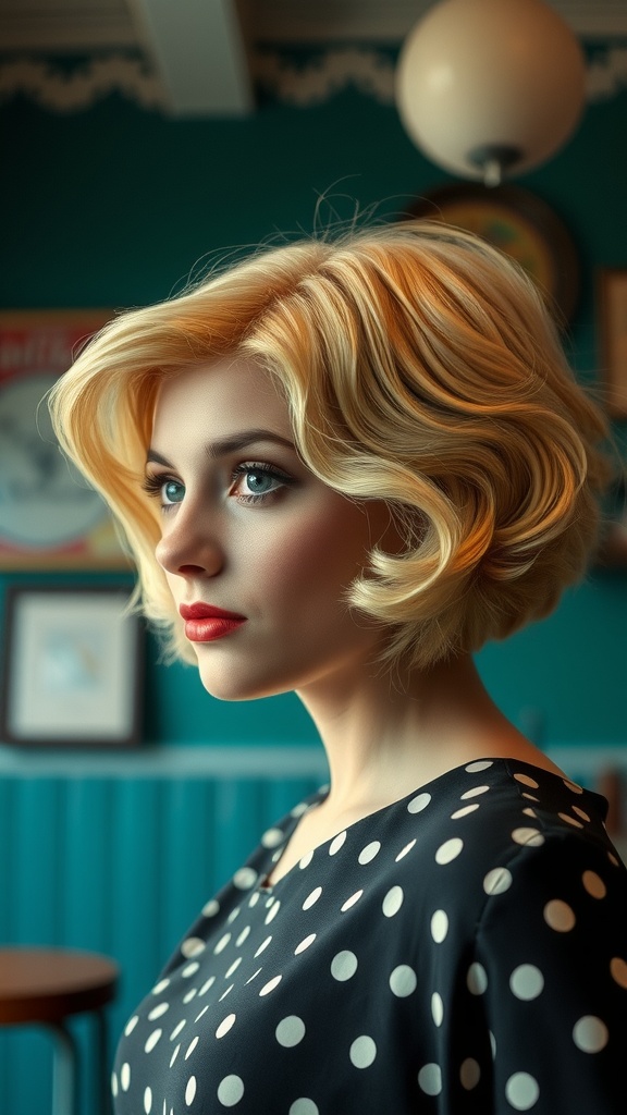 A woman with a vintage-inspired finger waves bob hairstyle, wearing a polka dot dress.