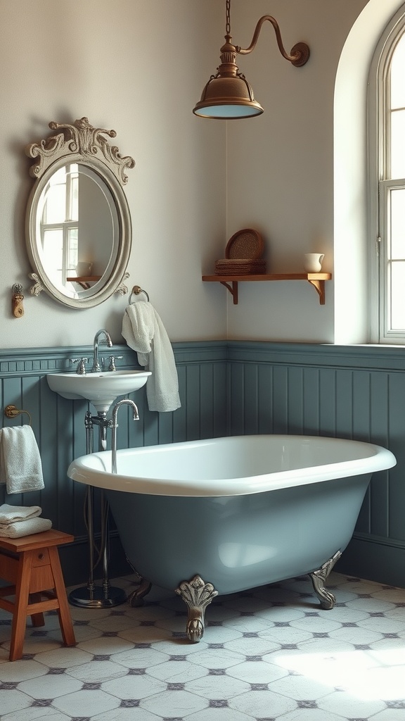 A vintage-inspired bathroom featuring a clawfoot tub, ornate mirror, and warm lighting.