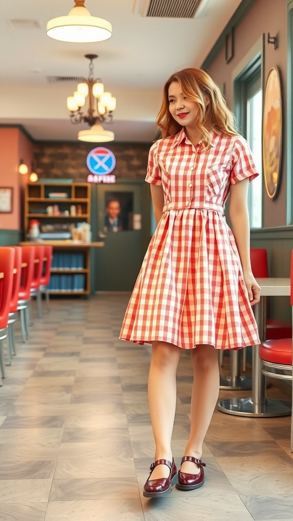 A woman wearing a vintage-inspired red and white gingham dress with Mary Janes, standing in a cozy café interior.