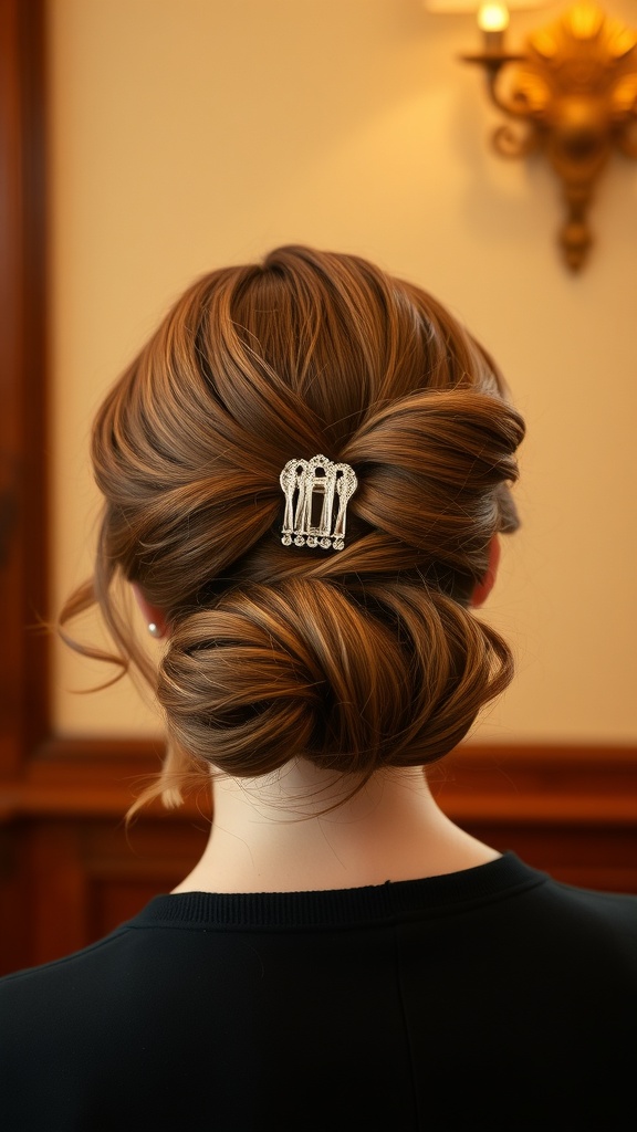 A vintage-inspired half updo hairstyle with a claw clip, showcasing soft curls and elegant styling.