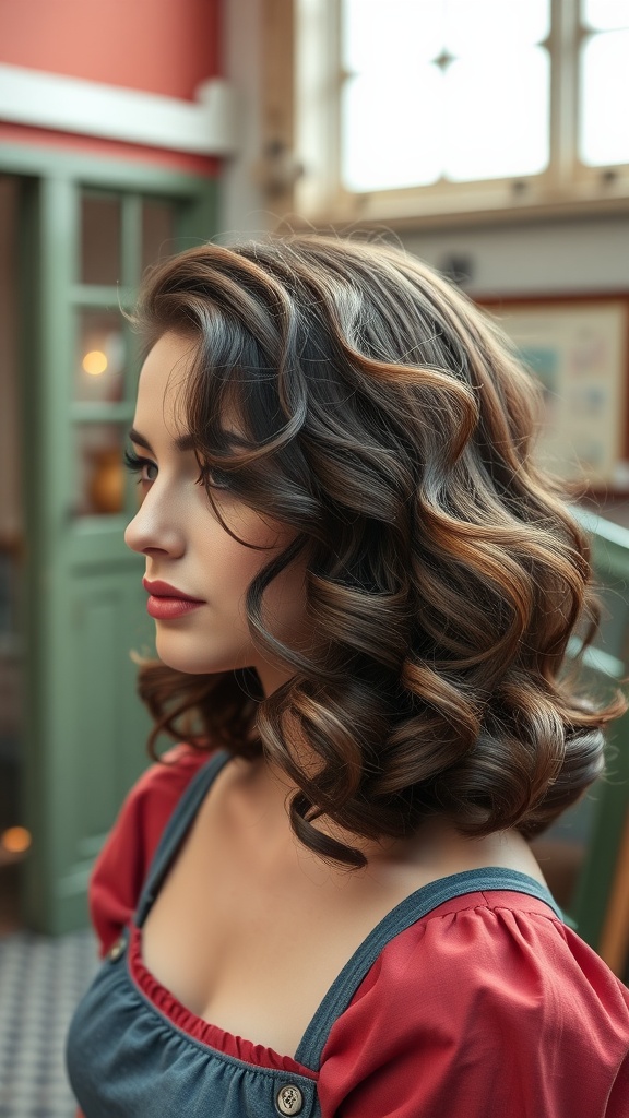 A woman with vintage-inspired medium-length curls, showcasing a soft and elegant hairstyle.