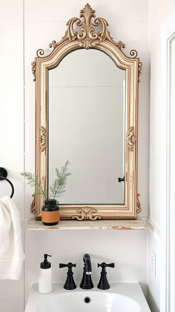Vintage-inspired mirror with an ornate frame and a small plant on the shelf in a farmhouse bathroom.