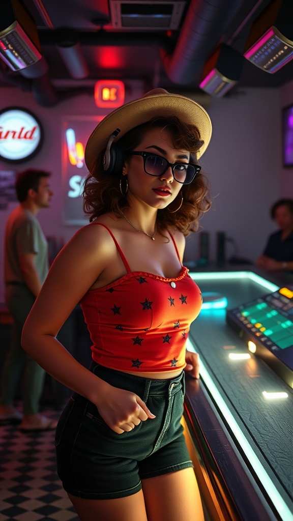 A woman in a vintage-inspired outfit with a red star-patterned top and black denim shorts, accessorized with sunglasses and a straw hat, standing in a club setting.