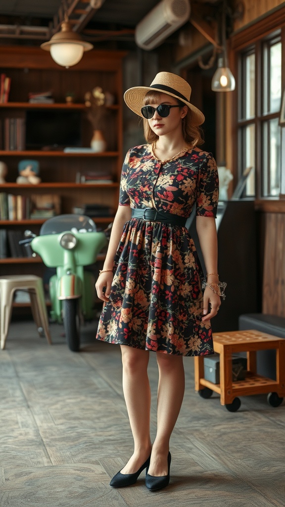 A woman wearing a vintage floral dress, black heels, and a straw hat, posing in a cozy indoor setting.