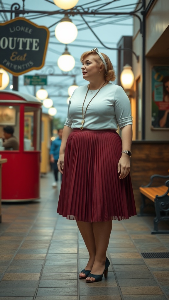 A woman wearing a vintage-inspired pleated maroon skirt and a light top, styled casually in a vibrant setting.