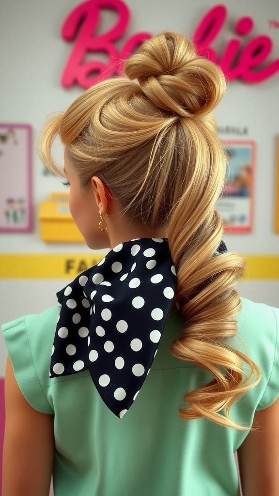 A vintage-inspired ponytail hairstyle featuring loose curls and a polka dot scarf.