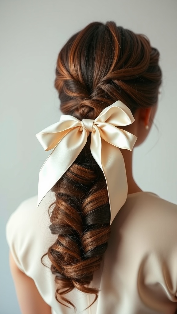 A vintage-inspired ponytail hairstyle featuring soft curls and a large ribbon.