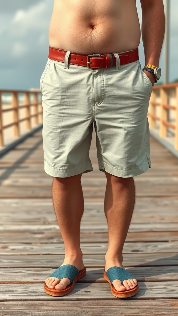 A person wearing vintage-inspired shorts and sandals, standing on a wooden pier.