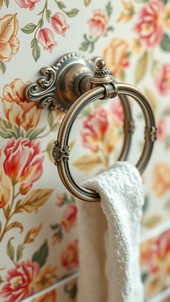 A vintage-inspired towel ring mounted on a floral wallpaper background, holding a white towel.