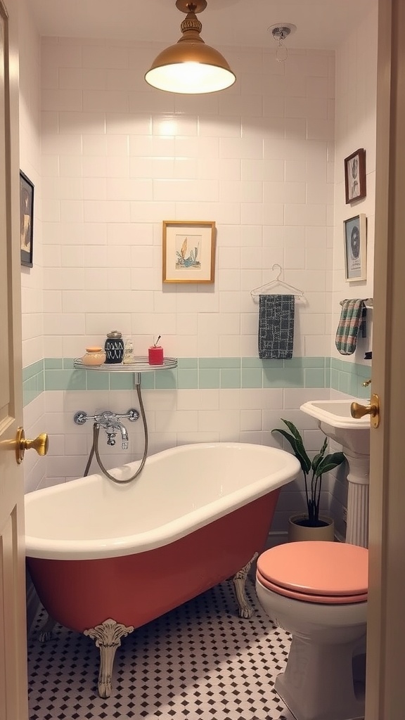 A small bathroom featuring a vintage-inspired freestanding tub with coral color, white tiles, and warm lighting.