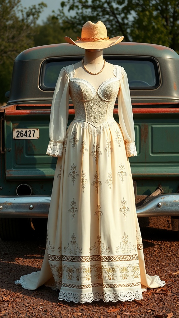 A vintage-inspired Western bridal dress displayed on a mannequin, featuring embroidery and a hat, set against an old truck.