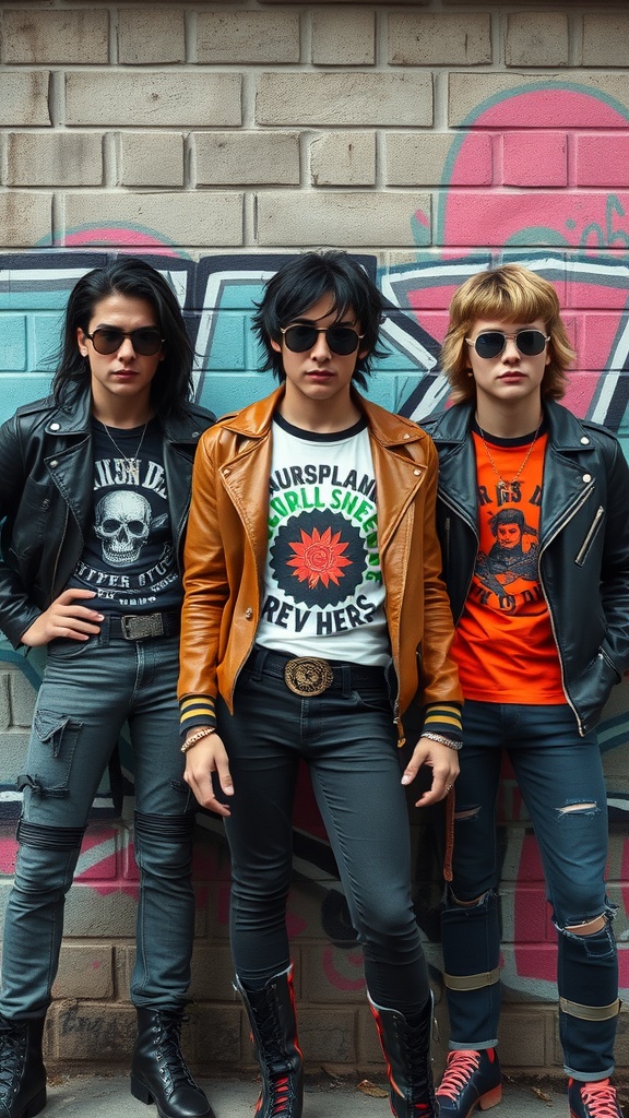 Three individuals in vintage 70s punk outfits posing in front of a graffiti wall