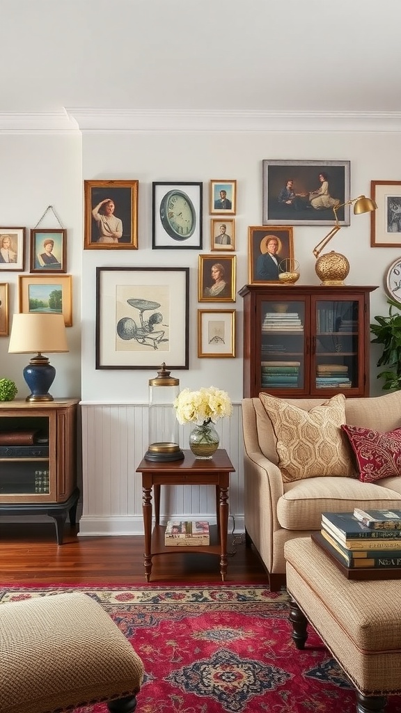 A cozy living room featuring vintage accent pieces, including framed art, a beige sofa, and a red rug.