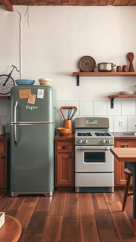 A rustic kitchen featuring a vintage mint green refrigerator and classic stove, with wooden cabinets and a warm wooden floor.