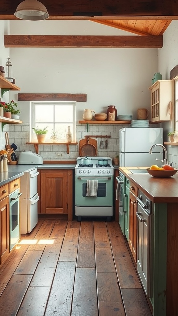 A rustic kitchen featuring vintage appliances, warm wooden accents, and a cozy atmosphere.
