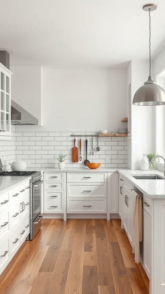 A bright white farmhouse kitchen featuring vintage appliances and modern design elements.
