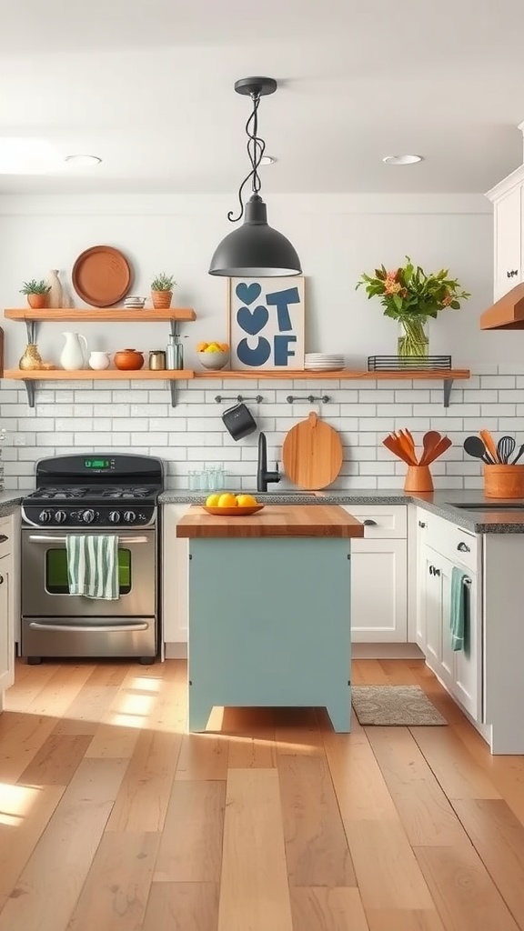 A cozy farmhouse kitchen with vintage appliances and modern touches, featuring a classic stove, open shelving, and a light blue island.
