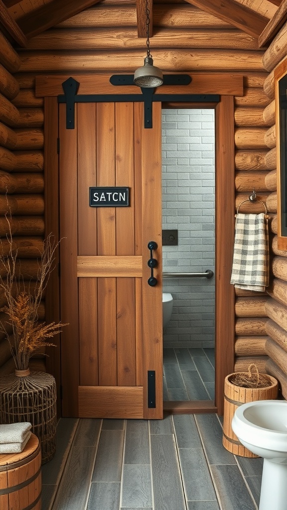 Vintage barn door entrance to a rustic farmhouse bathroom