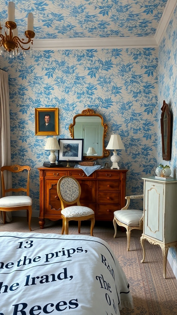 A vintage-style bedroom featuring blue floral wallpaper, wooden furniture, and elegant decor.