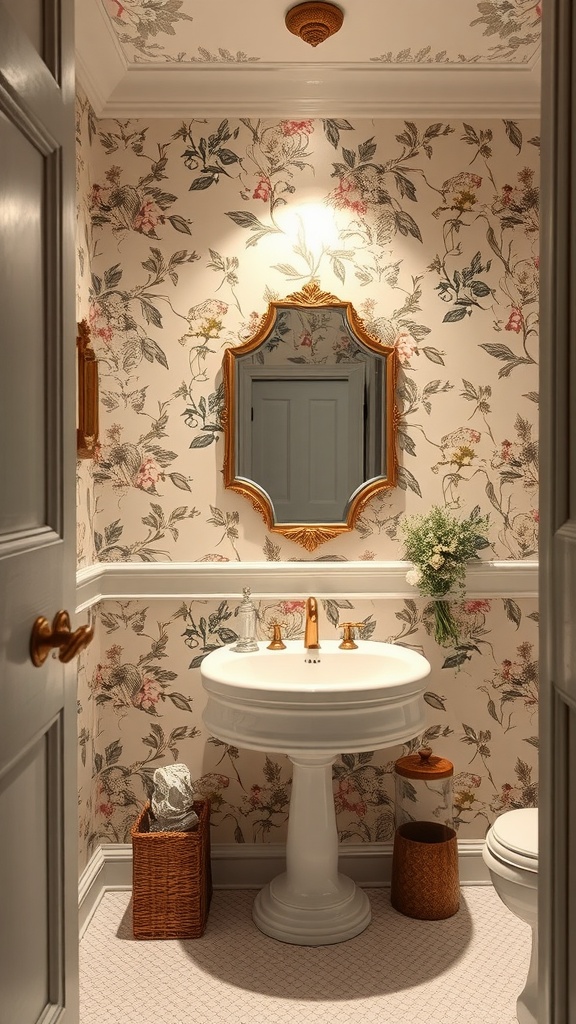 A guest bathroom featuring vintage botanical wallpaper with flowers, a pedestal sink, and an ornate mirror.