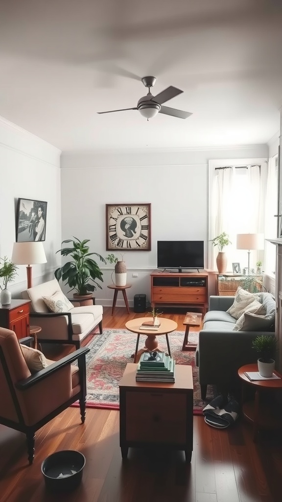 A cozy living room blending vintage and contemporary styles with wooden furniture, a large clock, plants, and soft furnishings.
