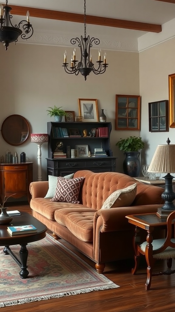 A vintage living room featuring a brown couch, chandelier, antique furniture, and decorative items.