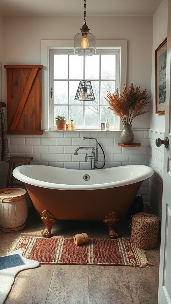 A cozy bathroom featuring a vintage deep soaking tub with claw feet, surrounded by natural light and decorative elements.