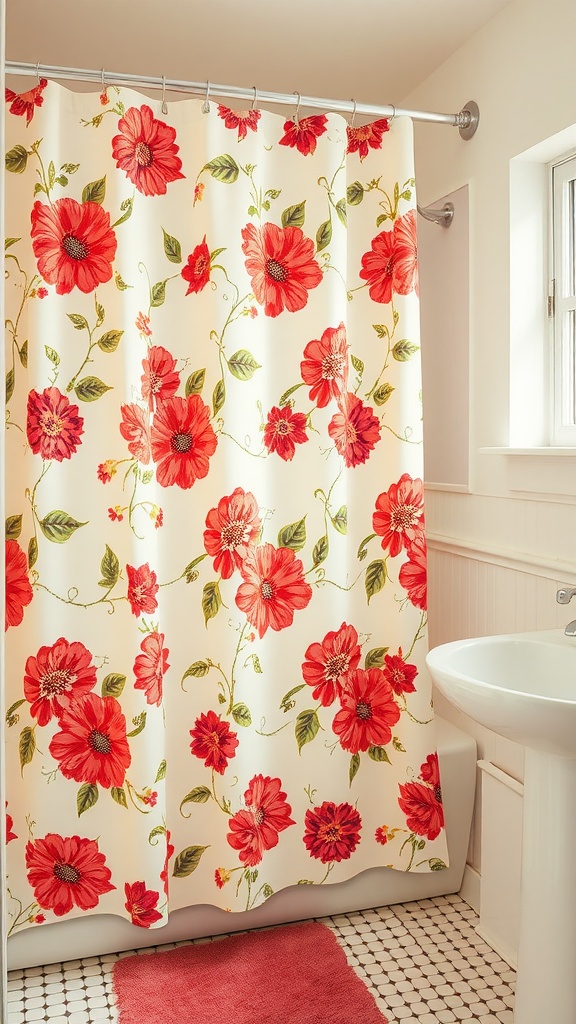 A floral shower curtain featuring large red flowers on a cream background, hanging in a bathroom
