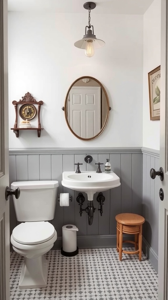 A vintage-inspired half bathroom with gray wainscoting, a round mirror, and a modern sink.