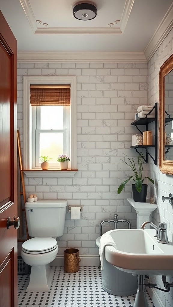 A vintage-inspired bathroom featuring white subway tiles, a wooden ladder for towels, plants, and sleek modern fixtures.
