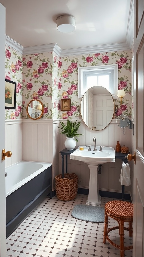 A vintage-inspired bathroom featuring floral wallpaper, a clawfoot tub, a sleek sink, and warm lighting.