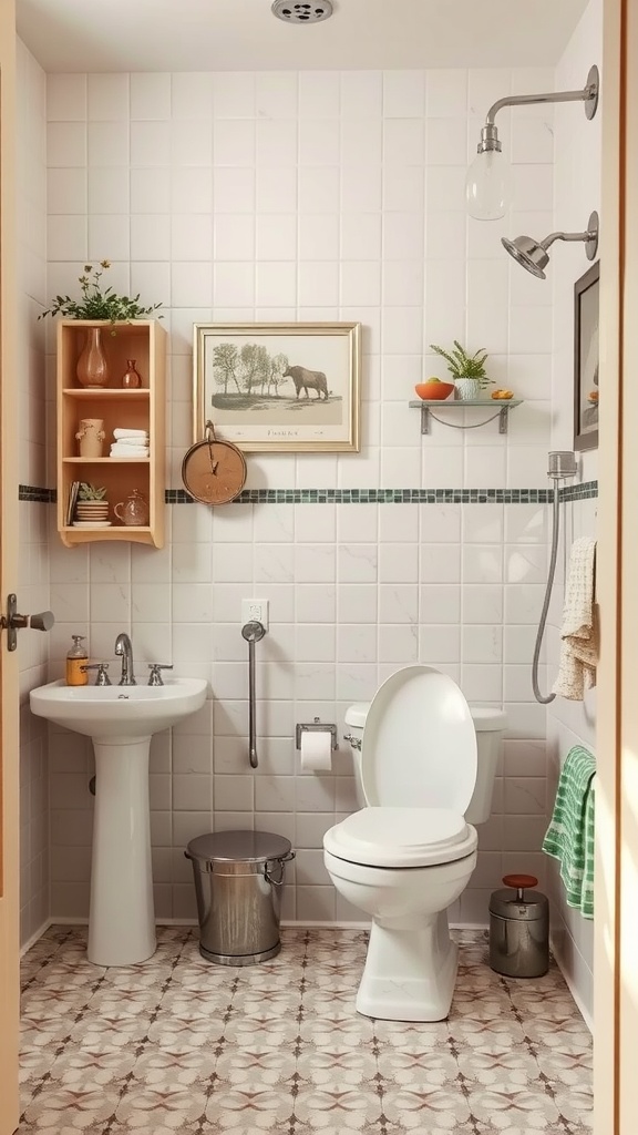 A vintage-style bathroom with a retro aesthetic featuring a pedestal sink, framed artwork, and stylish floor tiles.