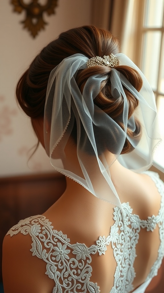 A vintage chignon hairstyle adorned with a lace veil, showcasing elegance and sophistication.