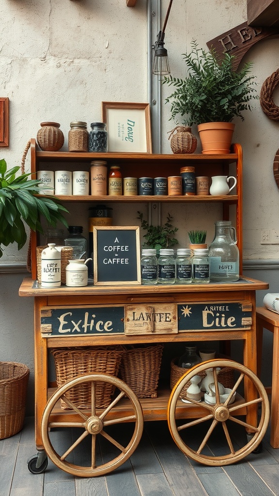 A vintage coffee cart setup with jars and bottles displaying coffee supplies, featuring a chalkboard sign and plants.