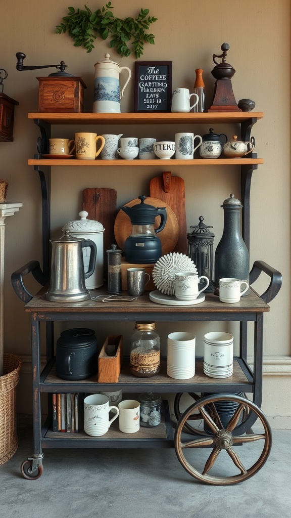 A vintage coffee cart featuring a mix of coffee pots, mugs, and supplies on wooden shelves with a black metal frame.