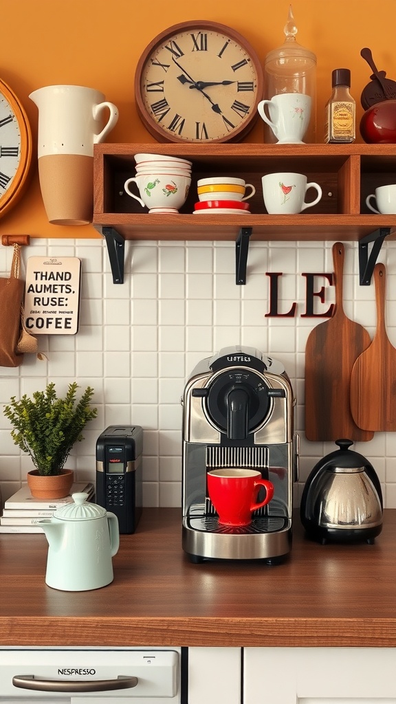 Vintage coffee station with Nespresso machine, colorful cups, clock, and cozy decor