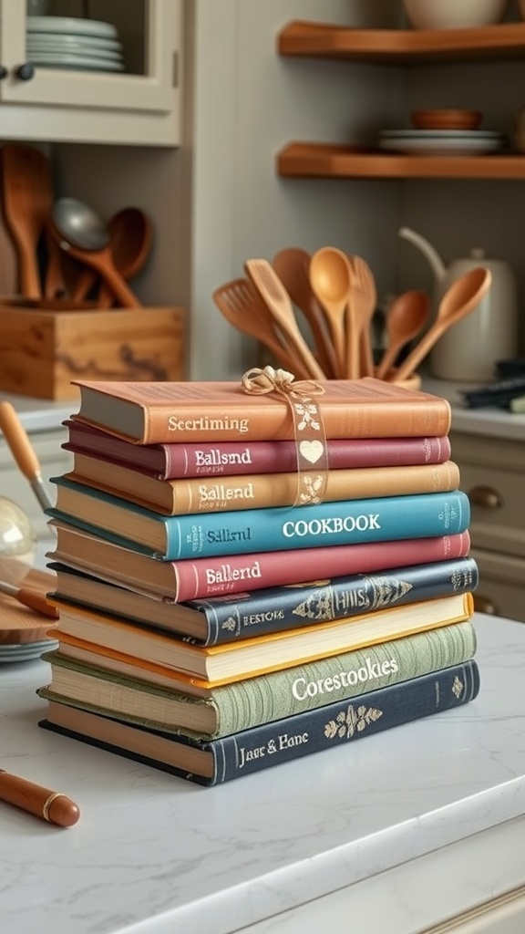 A stack of vintage cookbooks with colorful spines placed on a kitchen countertop.