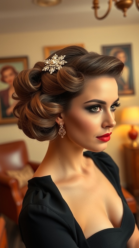 A woman with vintage curly finger waves hairstyle, adorned with a decorative hairpiece and red lipstick.