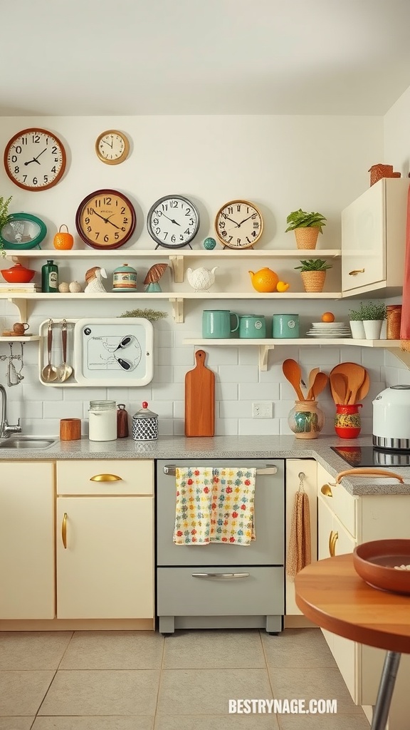 A mid-century modern kitchen featuring vintage decor with clocks, colorful kitchenware, and a warm color palette.