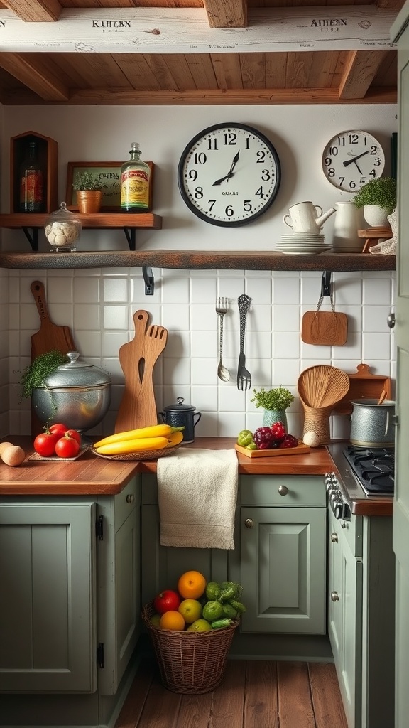 A cozy vintage farmhouse kitchen with green cabinetry, wooden countertops, and fresh fruits displayed.