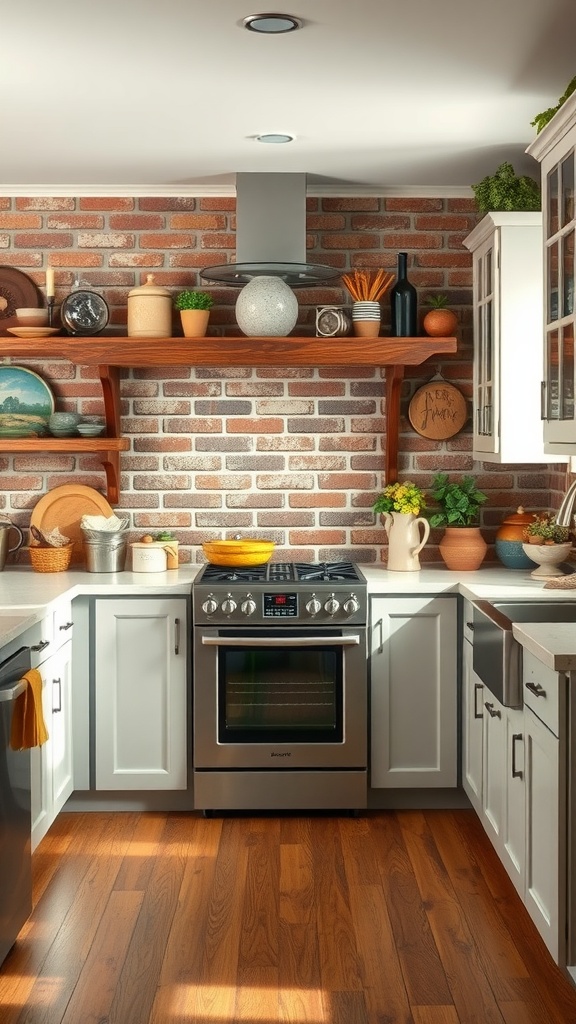 Farmhouse kitchen featuring a brick backsplash, wooden shelves with vintage decor items, and modern appliances.