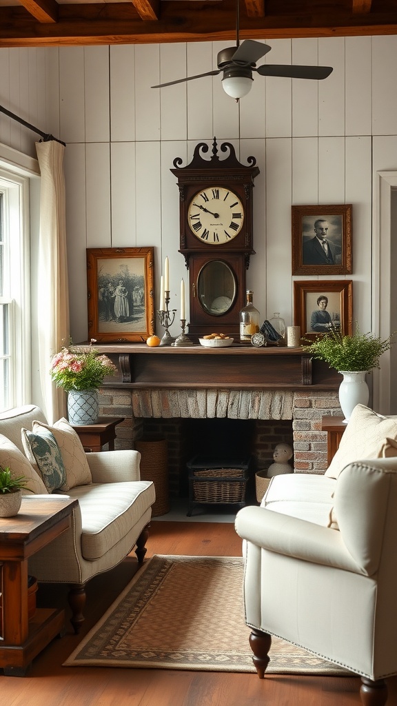 Cozy farmhouse living room with vintage decor, featuring a wall clock, framed photographs, and comfortable seating.