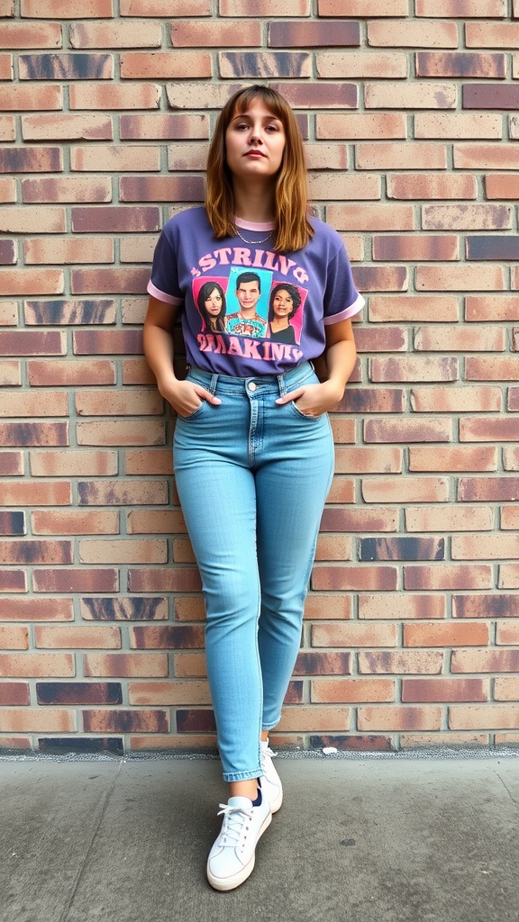 A person wearing a vintage graphic tee and light blue denim jeans, standing against a brick wall