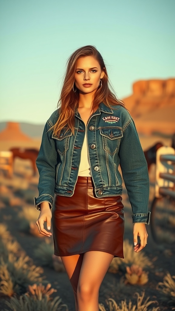 A woman wearing a denim jacket and a leather skirt against a desert backdrop.